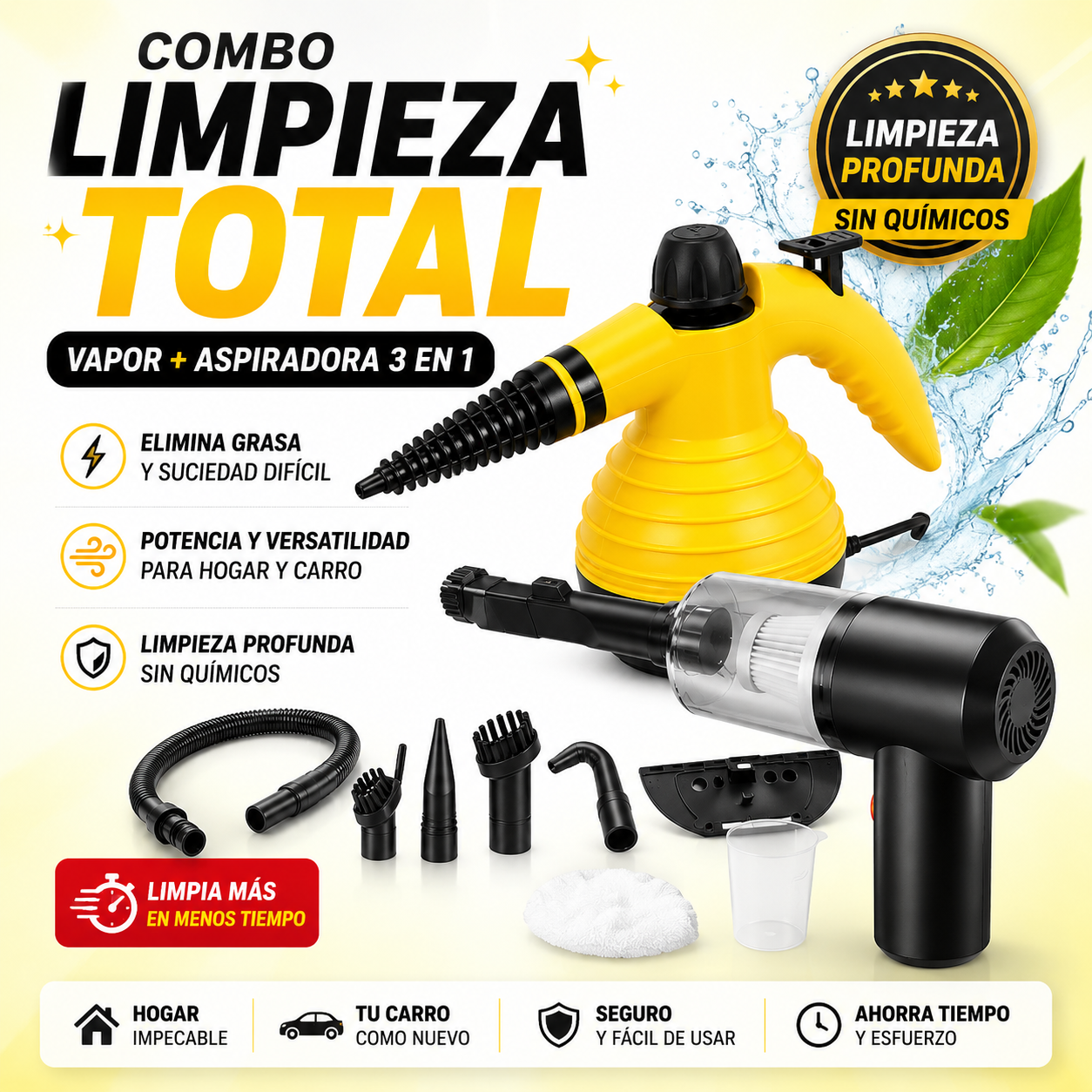 🚀 COMBO LIMPIEZA TOTAL Máquina a Vapor de Alta Potencia + Aspiradora Mini 3 en 1 Elimina Grasa, Polvo y Suciedad en Minutos 🏠