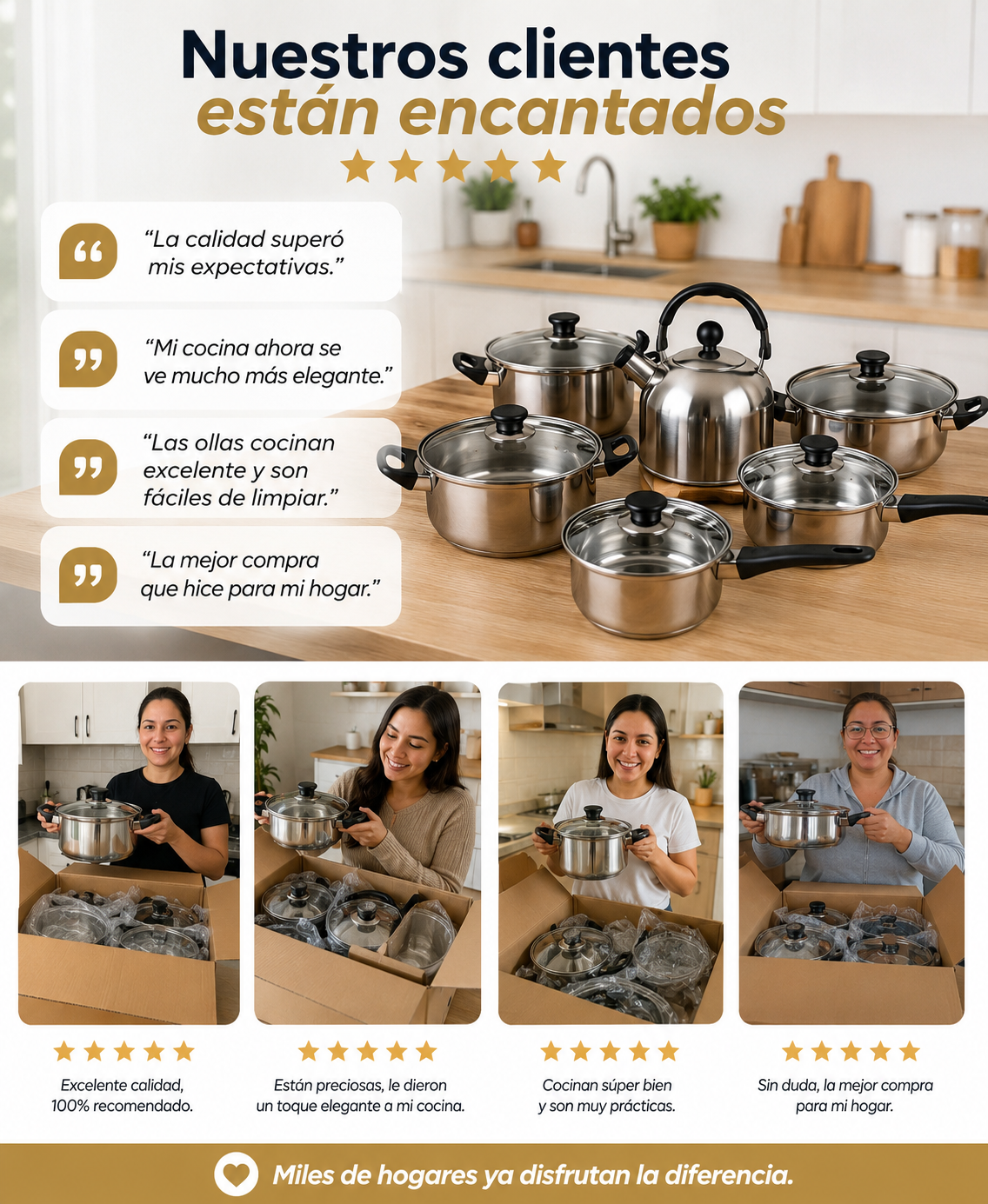 🍳 Juego de Ollas 12 Piezas en Acero Inoxidable con tetera✨Cocina Más Fácil, Elegante y Profesional
