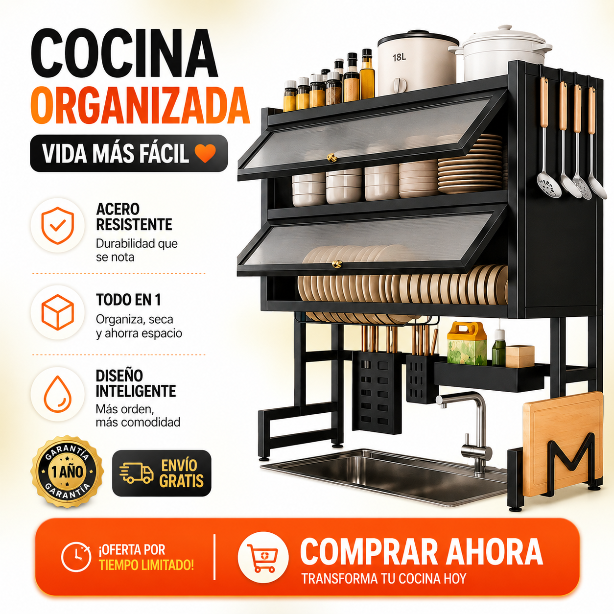 Escurridor de Loza con Tapa 65 cm | 2 Niveles 🧼🍽️ Orden, Higiene y Máxima Capacidad ✨👌