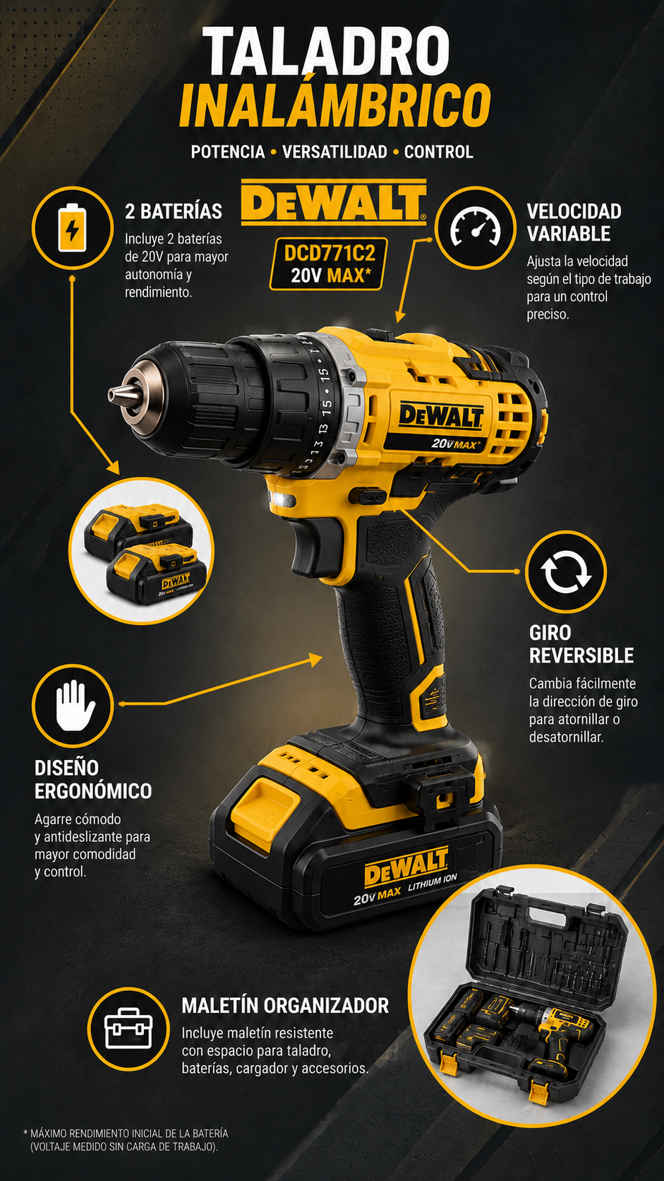 🔥 Taladro Inalámbrico  DeWALT 48V Profesional + Kit 34 Piezas 🛠️ Doble Batería Recargable + Maletín Completo