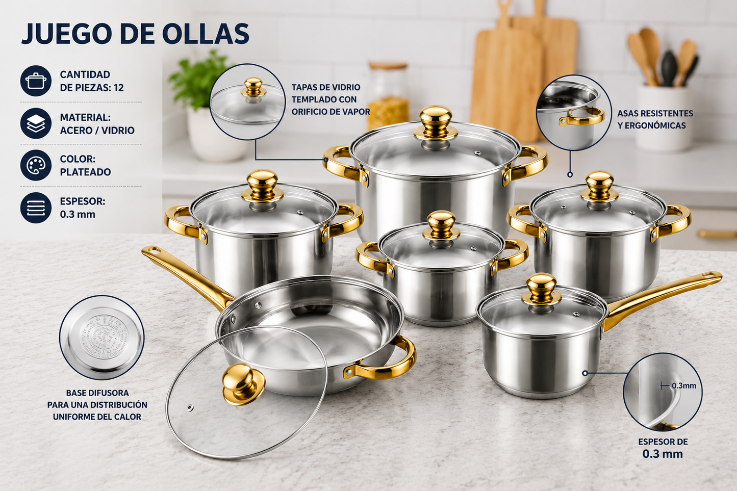 🔥 Batería de Cocina 12 Piezas Acero Inoxidable Premium🍲Duraderas, Resistentes y Elegantes