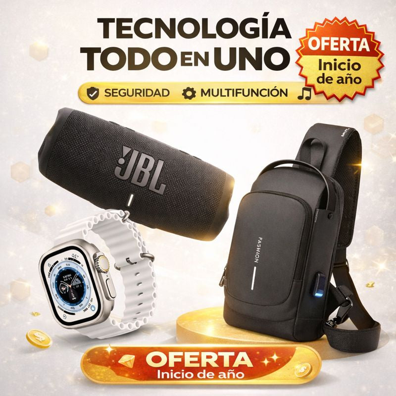 ⌚📱 SMARTWATCH + 👜🔒 BOLSO ANTIRROBO + 🔊🎶 PARLANTE BLUETOOTH Todo en uno para tu día a día: seguridad, tecnología y estilo donde vayas 🚀🔥