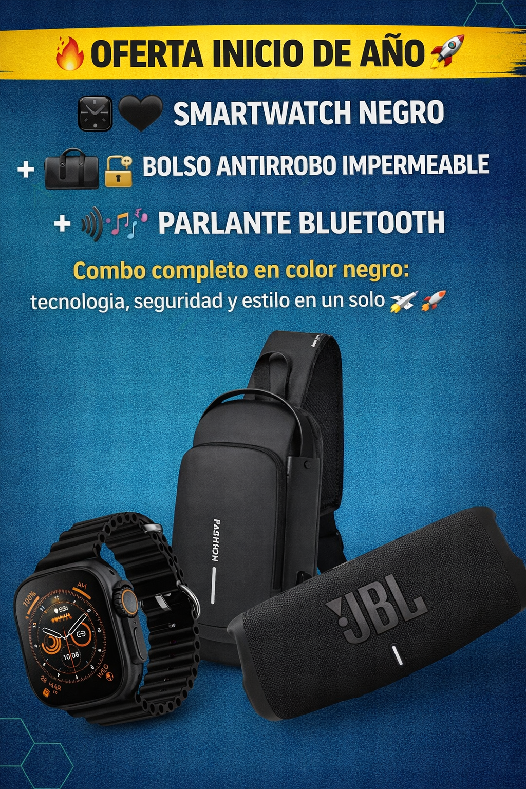 ⌚📱 SMARTWATCH + 👜🔒 BOLSO ANTIRROBO + 🔊🎶 PARLANTE BLUETOOTH Todo en uno para tu día a día: seguridad, tecnología y estilo donde vayas 🚀🔥