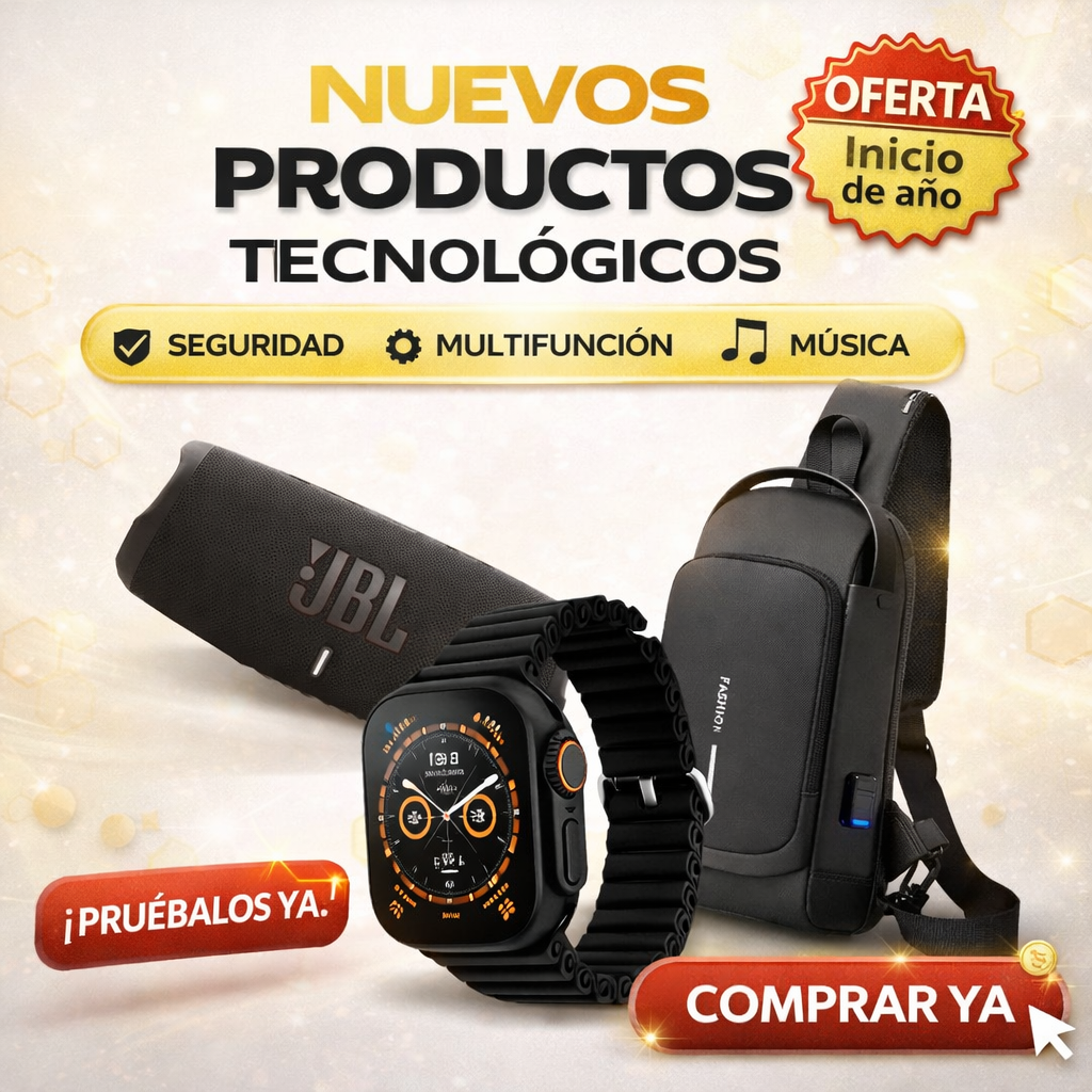 ⌚📱 SMARTWATCH + 👜🔒 BOLSO ANTIRROBO + 🔊🎶 PARLANTE BLUETOOTH Todo en uno para tu día a día: seguridad, tecnología y estilo donde vayas 🚀🔥