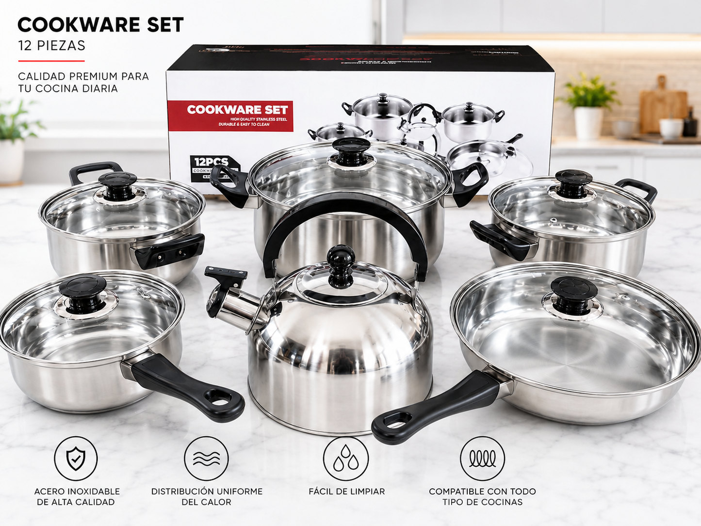 🍳 Juego de Ollas 12 Piezas en Acero Inoxidable con tetera✨Cocina Más Fácil, Elegante y Profesional