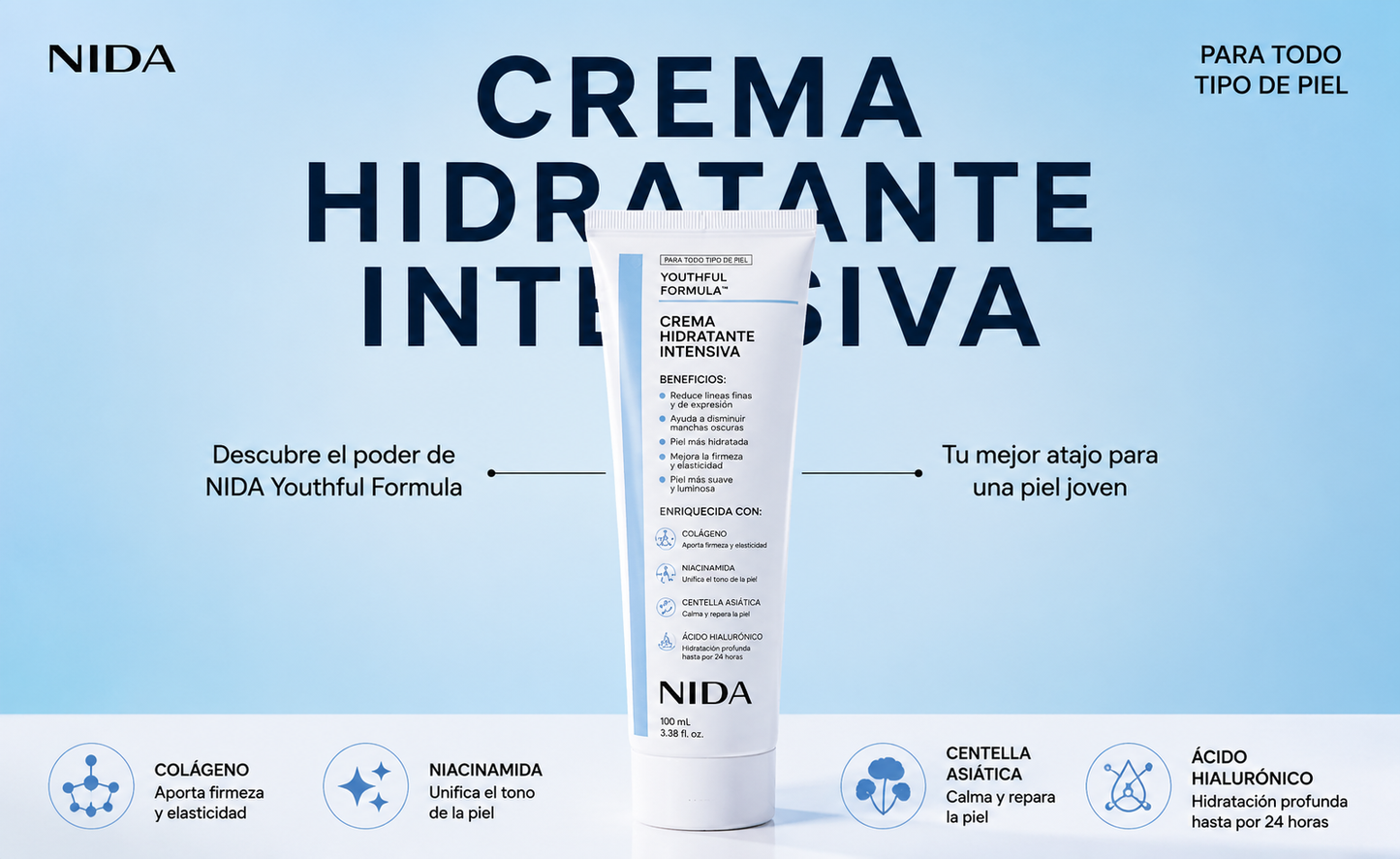 NIDA Youthful Formula™ Crema Facial Rejuvenecedora 🌿 Centella Asiática, Niacinamida, Ácido Hialurónico y Colágeno 🌿 Ayuda a Reducir la Apariencia de Arrugas, Líneas Finas, Manchas y Sequedad🌿