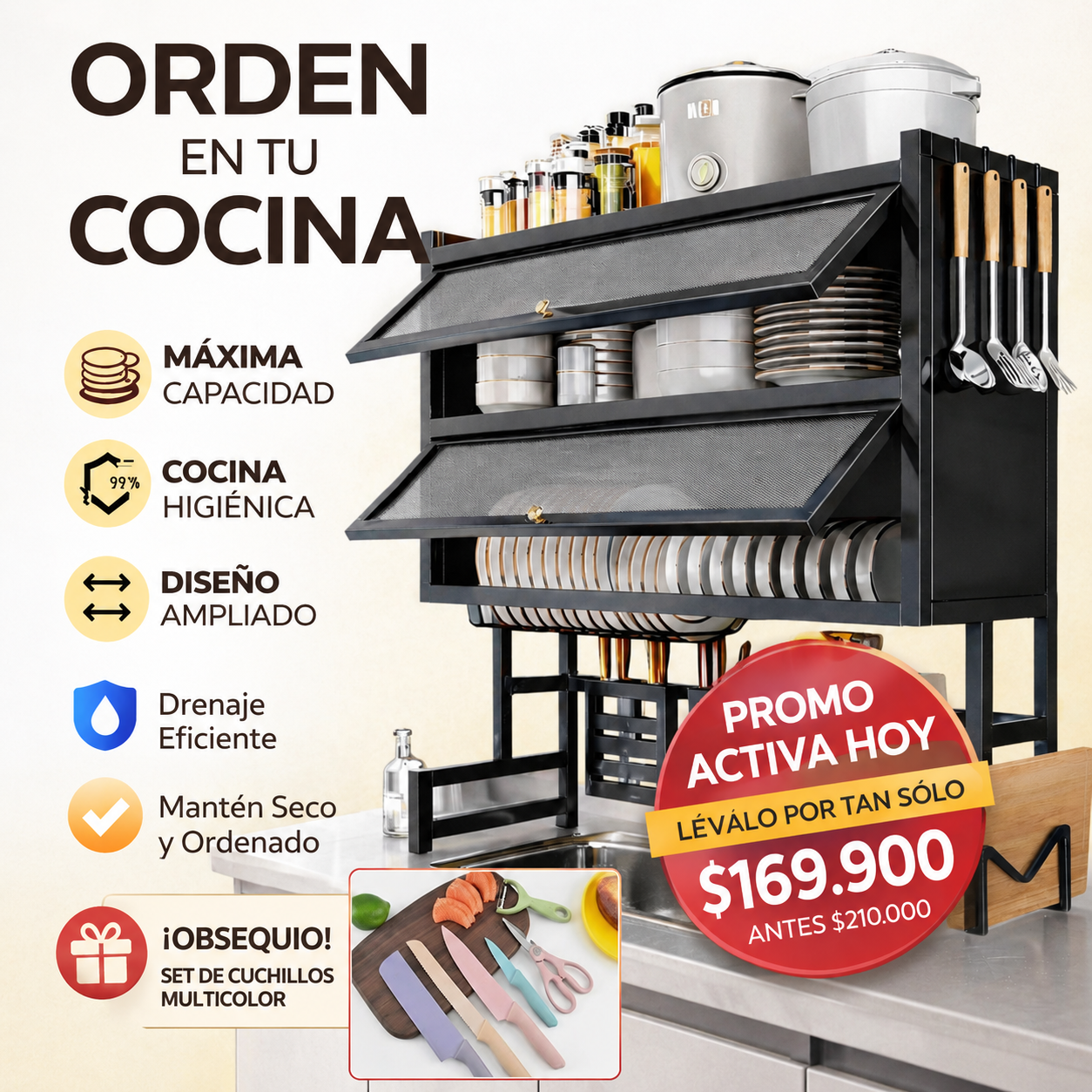 Escurridor de Loza con Tapa 65 cm | 2 Niveles 🧼🍽️ Orden, Higiene y Máxima Capacidad ✨👌