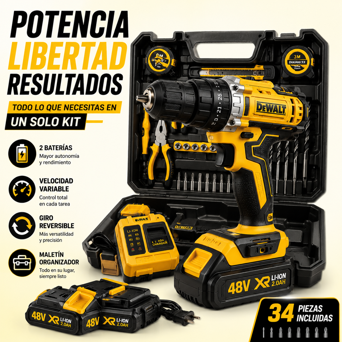 🔥 Taladro Inalámbrico  DeWALT 48V Profesional + Kit 34 Piezas 🛠️ Doble Batería Recargable + Maletín Completo