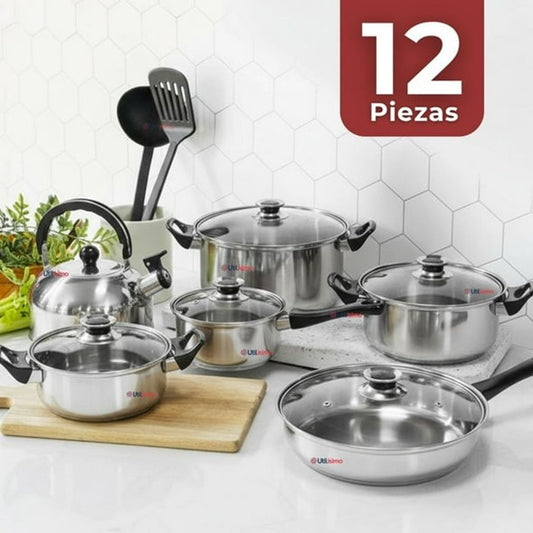 🍳 Juego de Ollas 12 Piezas en Acero Inoxidable con tetera✨Cocina Más Fácil, Elegante y Profesional