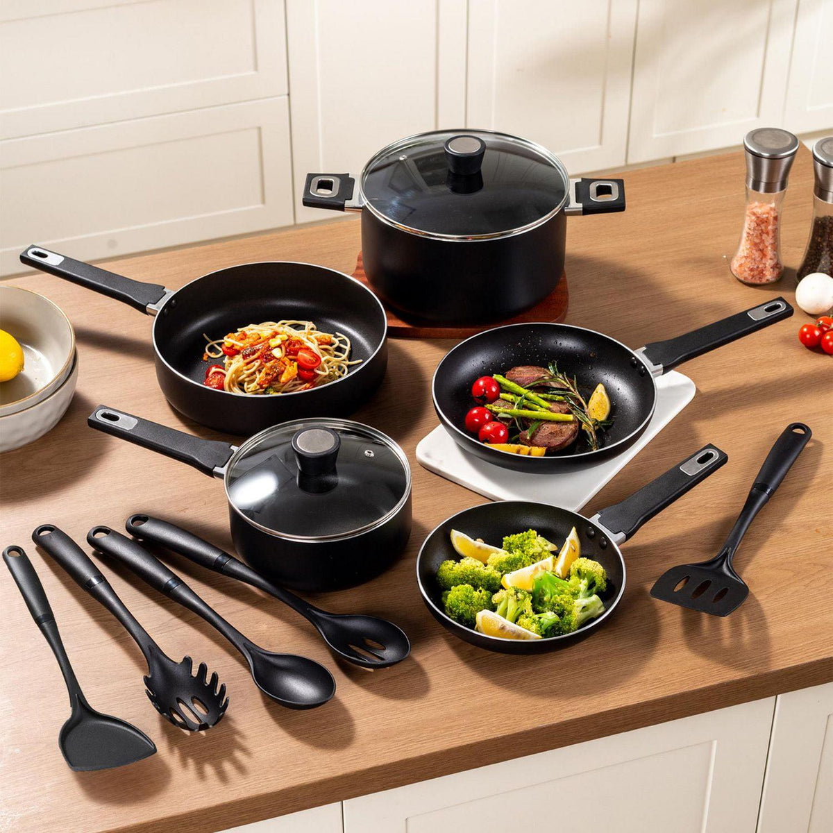 Batería de Cocina Premium 13 Piezas™ | Ollas + Utensilios | Cocina Fácil, Completa y Elegante